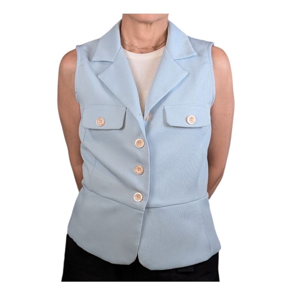 90s Mystic Collared Button Front Vest Peplum Waist Light Blue Size Large